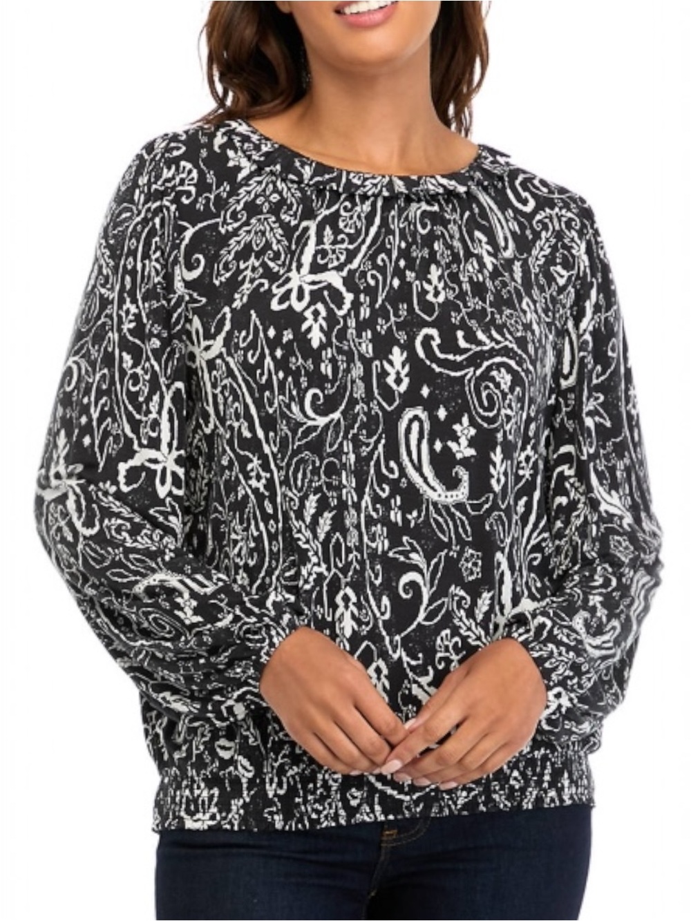 Wonderly Long Sleeve Banded Bottom Black and White Paisley Printed Top Size XL